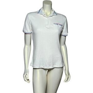 Levi's White Tennis Polo Shirt Rainbow Striped Trim Retro 70s Sport Casual